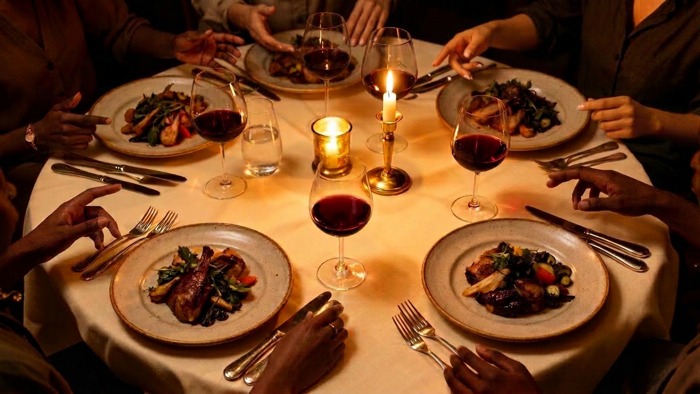 Candlelit dinner table for six
